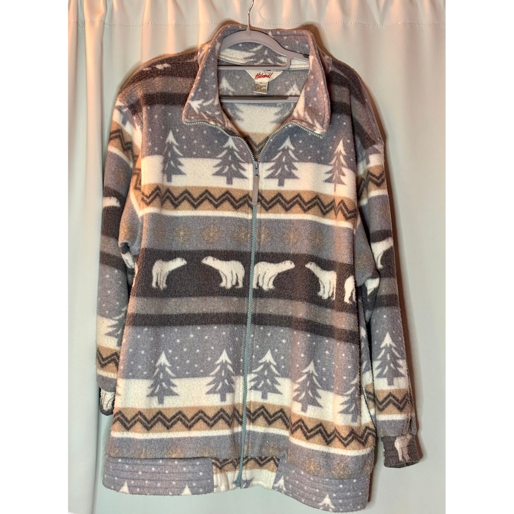 Vintage Haband Fleece Jacket Mens Large Polar Bear Pine Tree 90s Cabin Core Grey